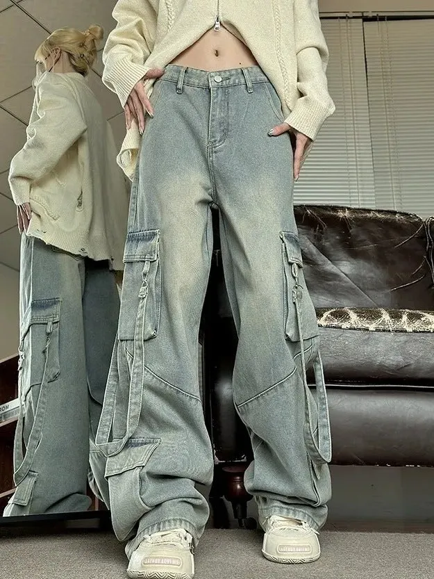 Retro Washed Overalls Wide cargo Jeans