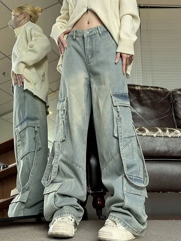 Retro Washed Overalls Wide cargo Jeans