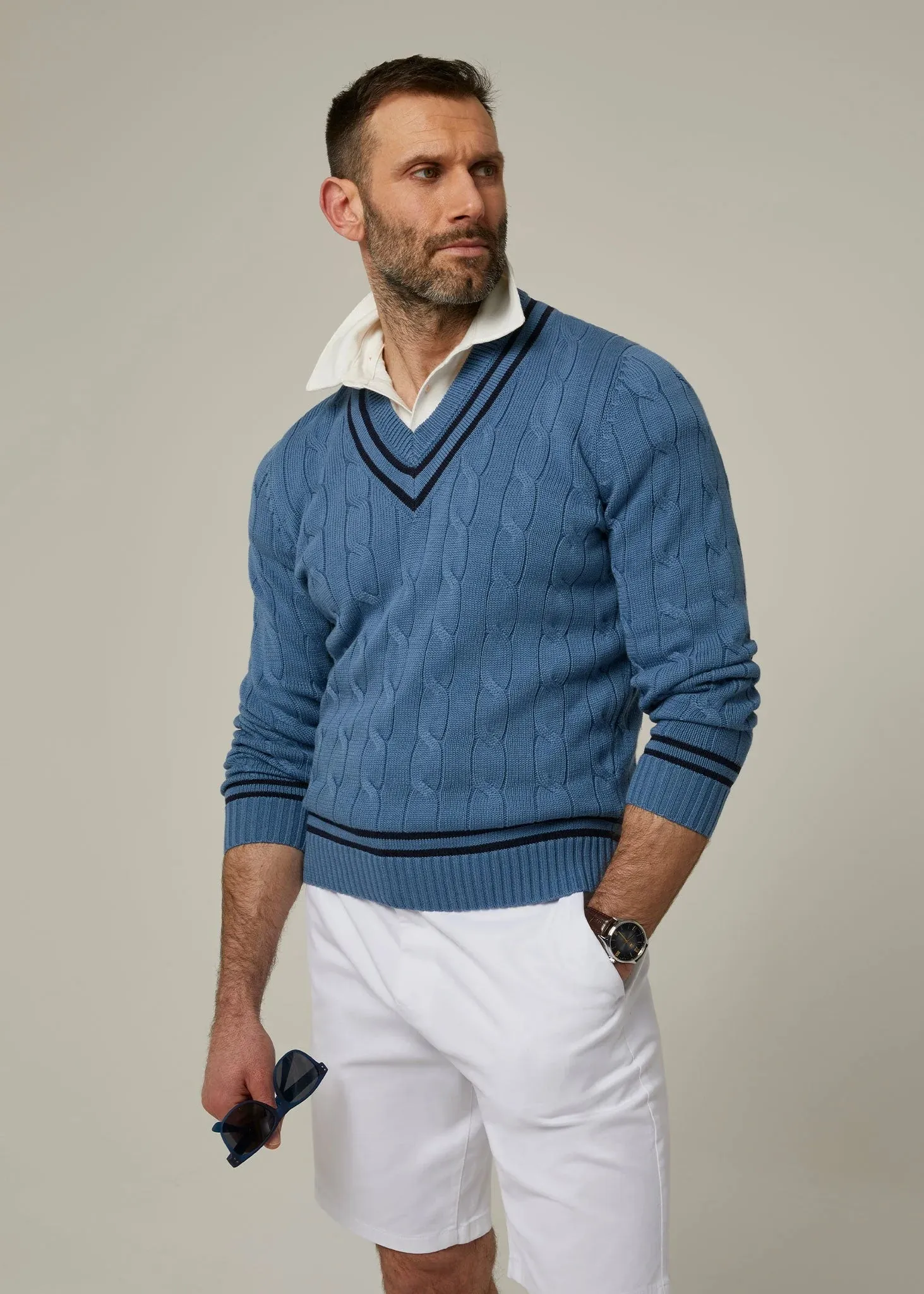Sandridge Airforce/Navy Cotton Cricket Cable Knit Sweater