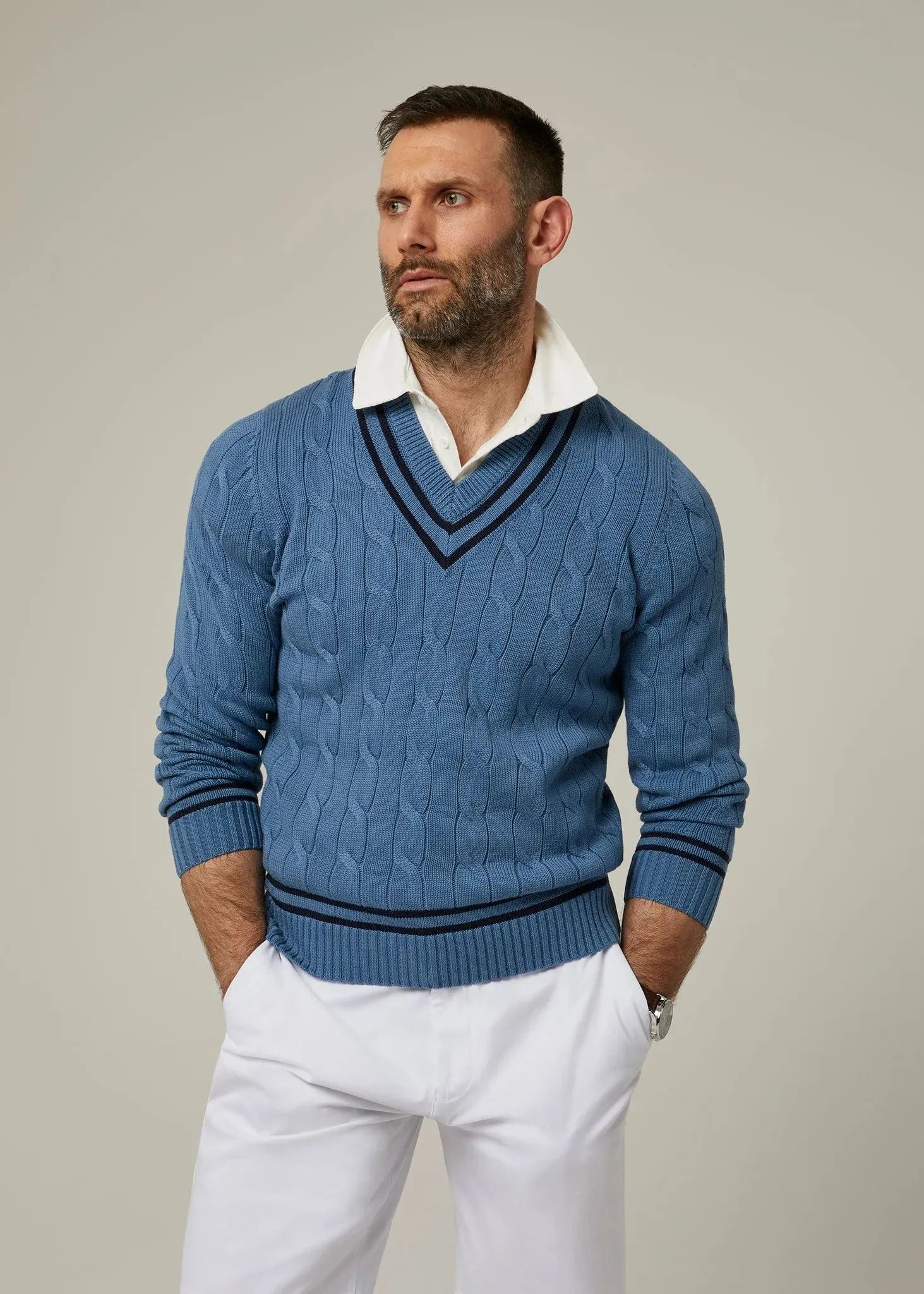 Sandridge Airforce/Navy Cotton Cricket Cable Knit Sweater