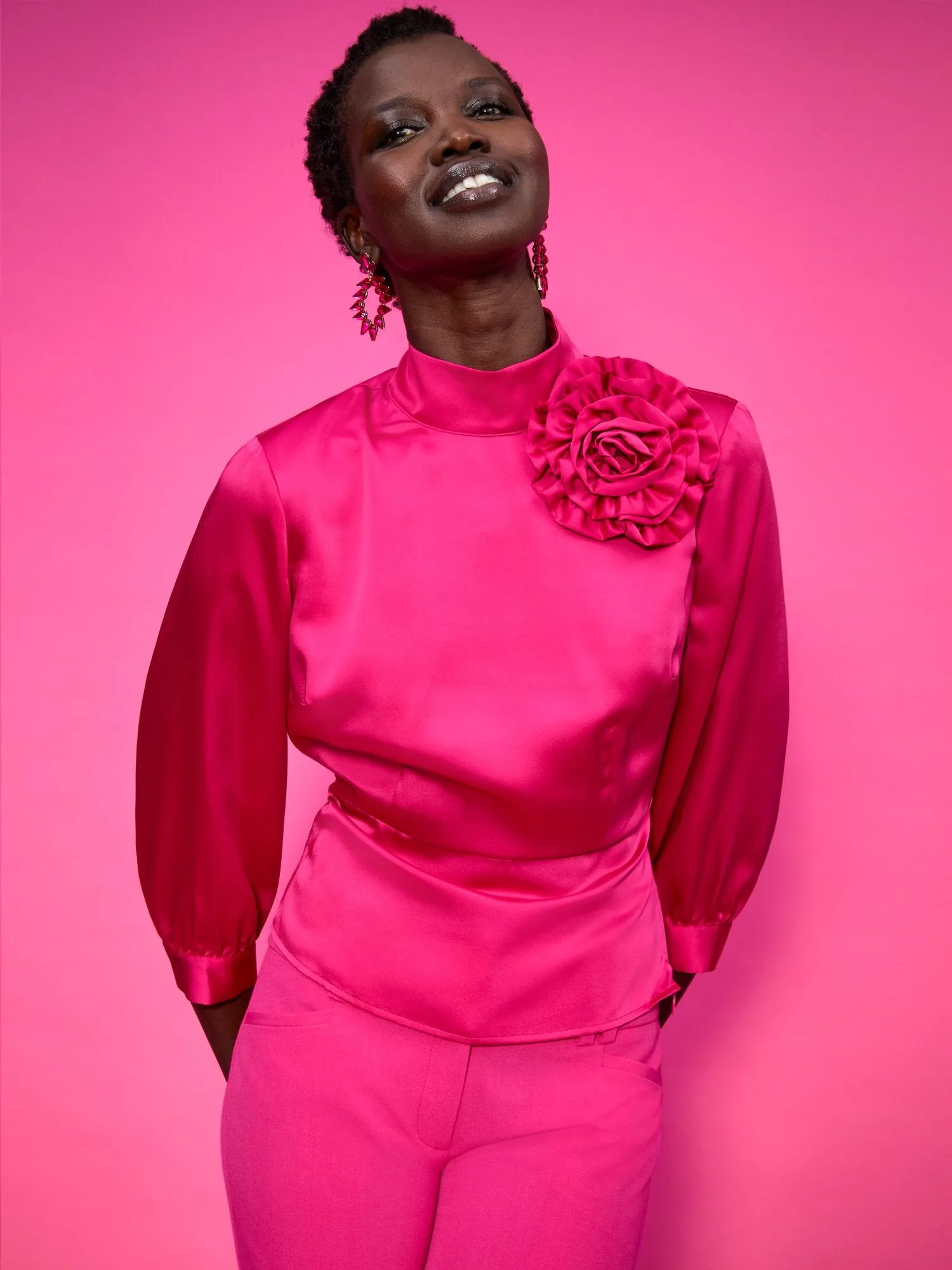 Satin Mock-Neck Rosette Top