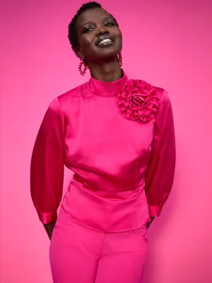 Satin Mock-Neck Rosette Top