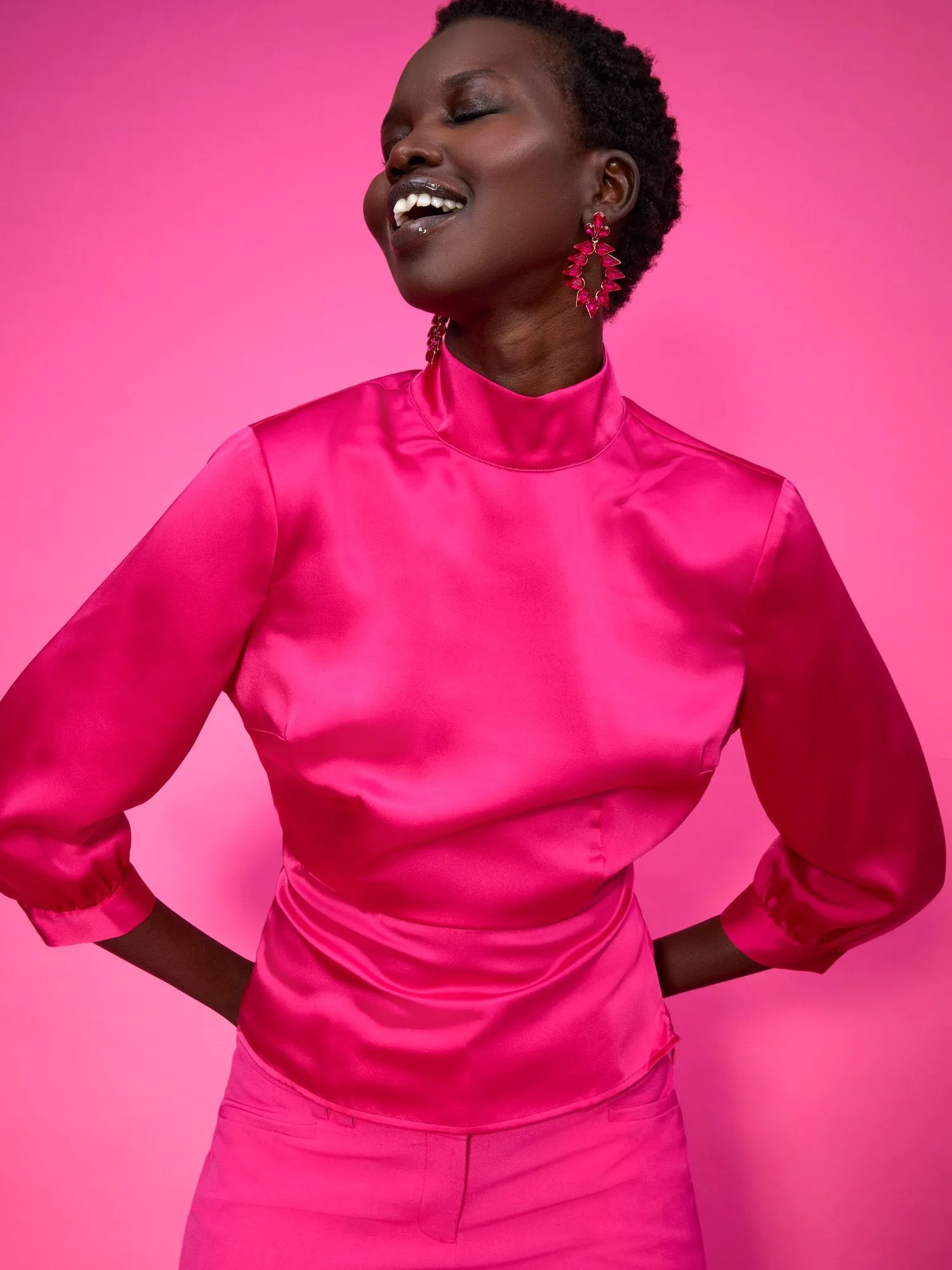 Satin Mock-Neck Rosette Top