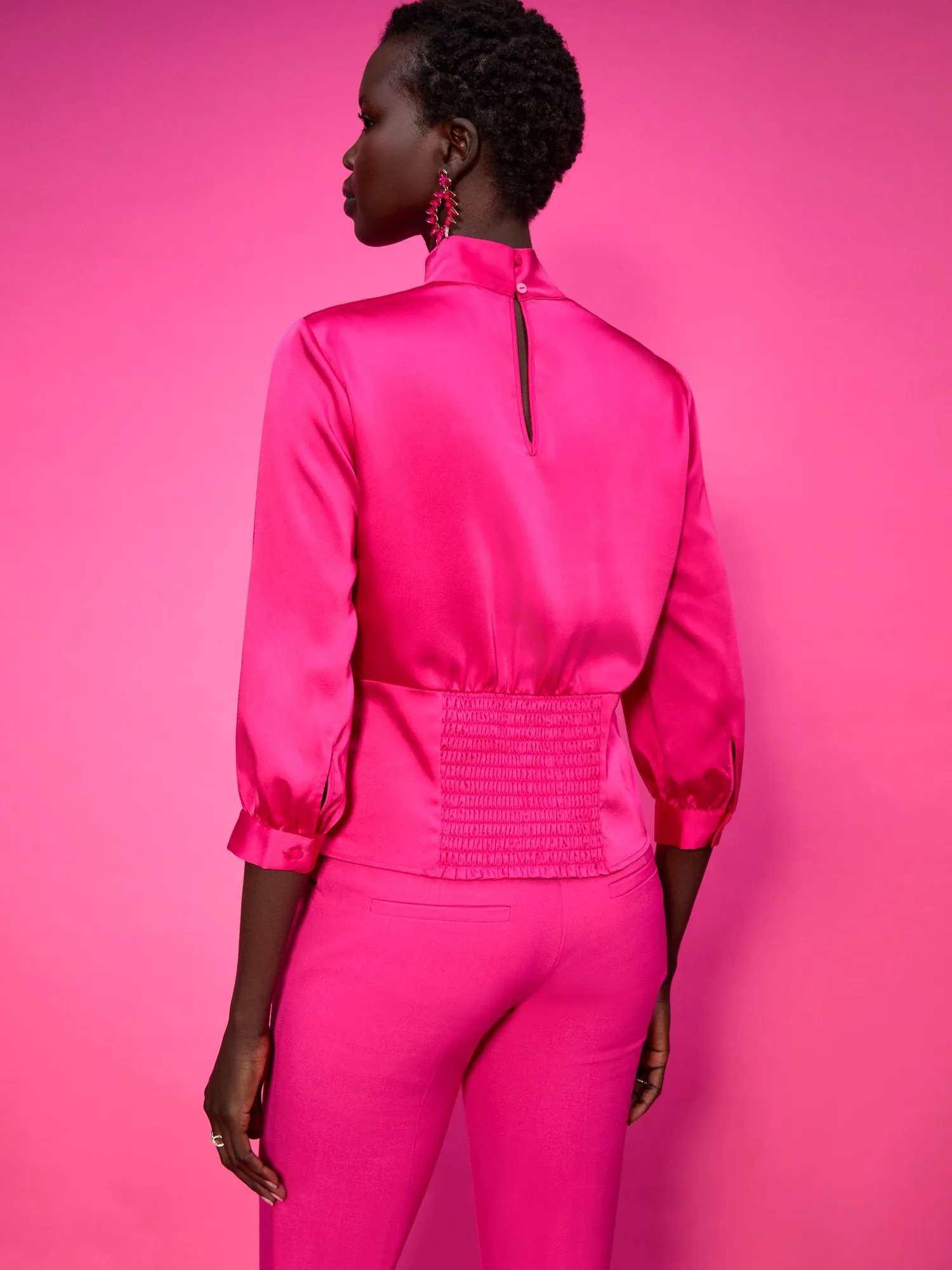 Satin Mock-Neck Rosette Top