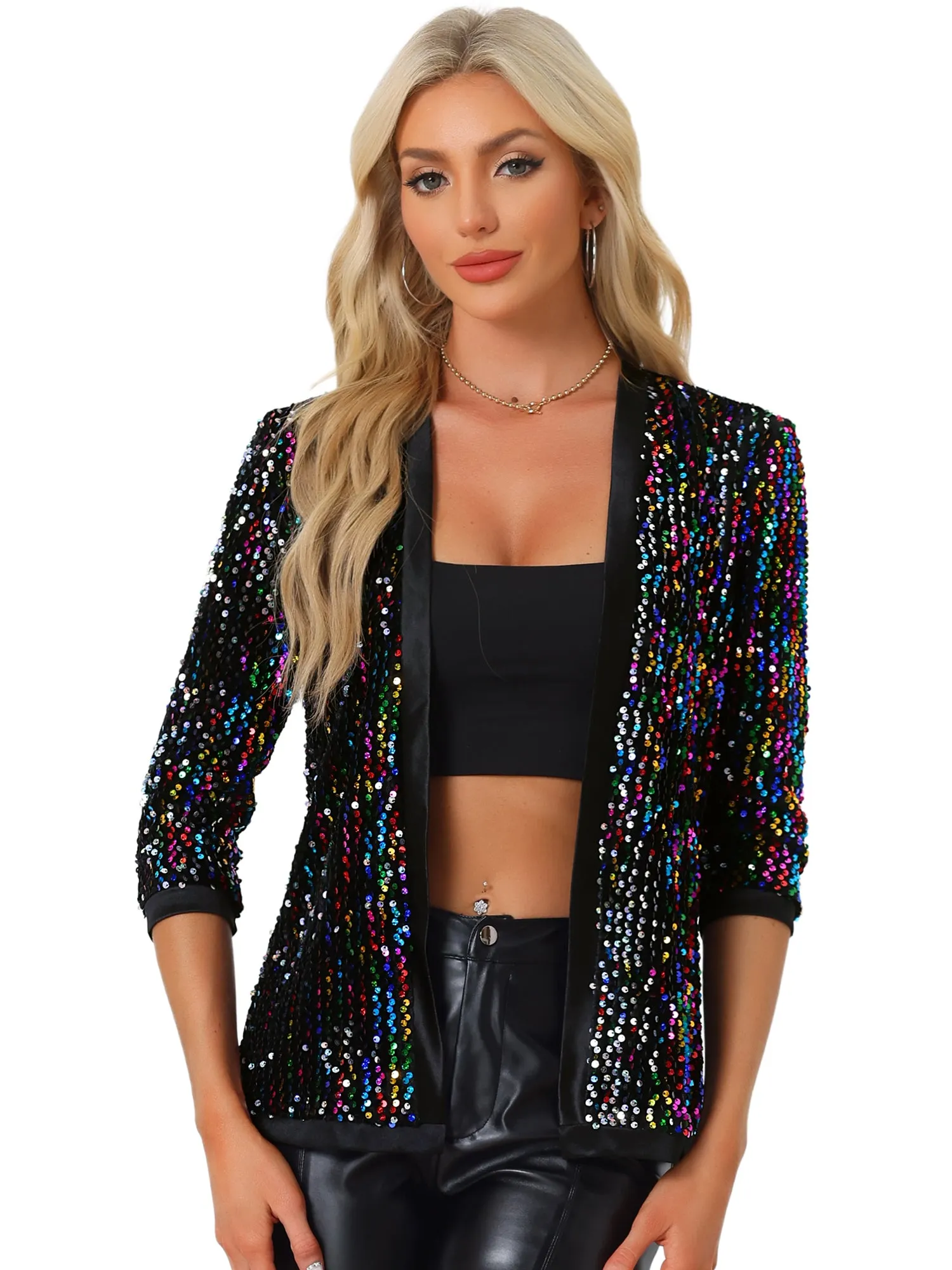 Sequin Cardigan Open Front Collarless 3/4 Sleeve Velvet Jacket