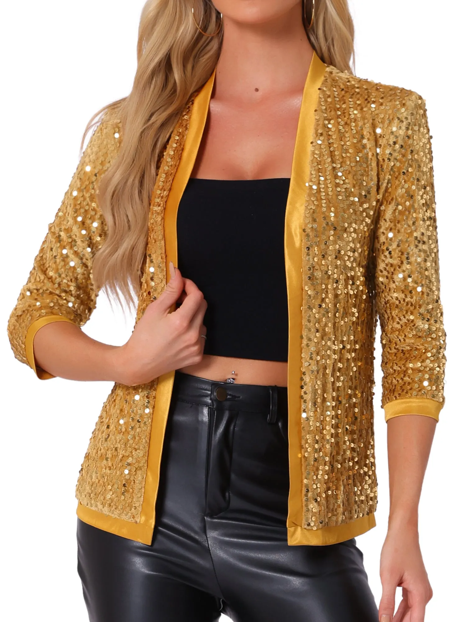 Sequin Cardigan Open Front Collarless 3/4 Sleeve Velvet Jacket