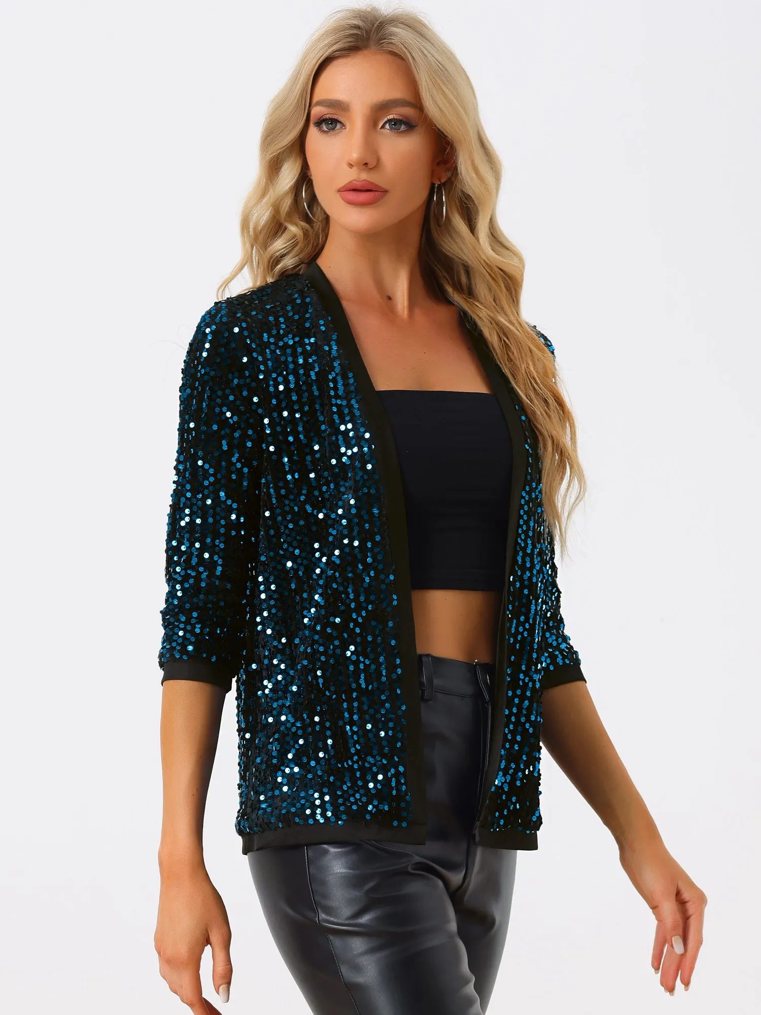 Sequin Cardigan Open Front Collarless 3/4 Sleeve Velvet Jacket