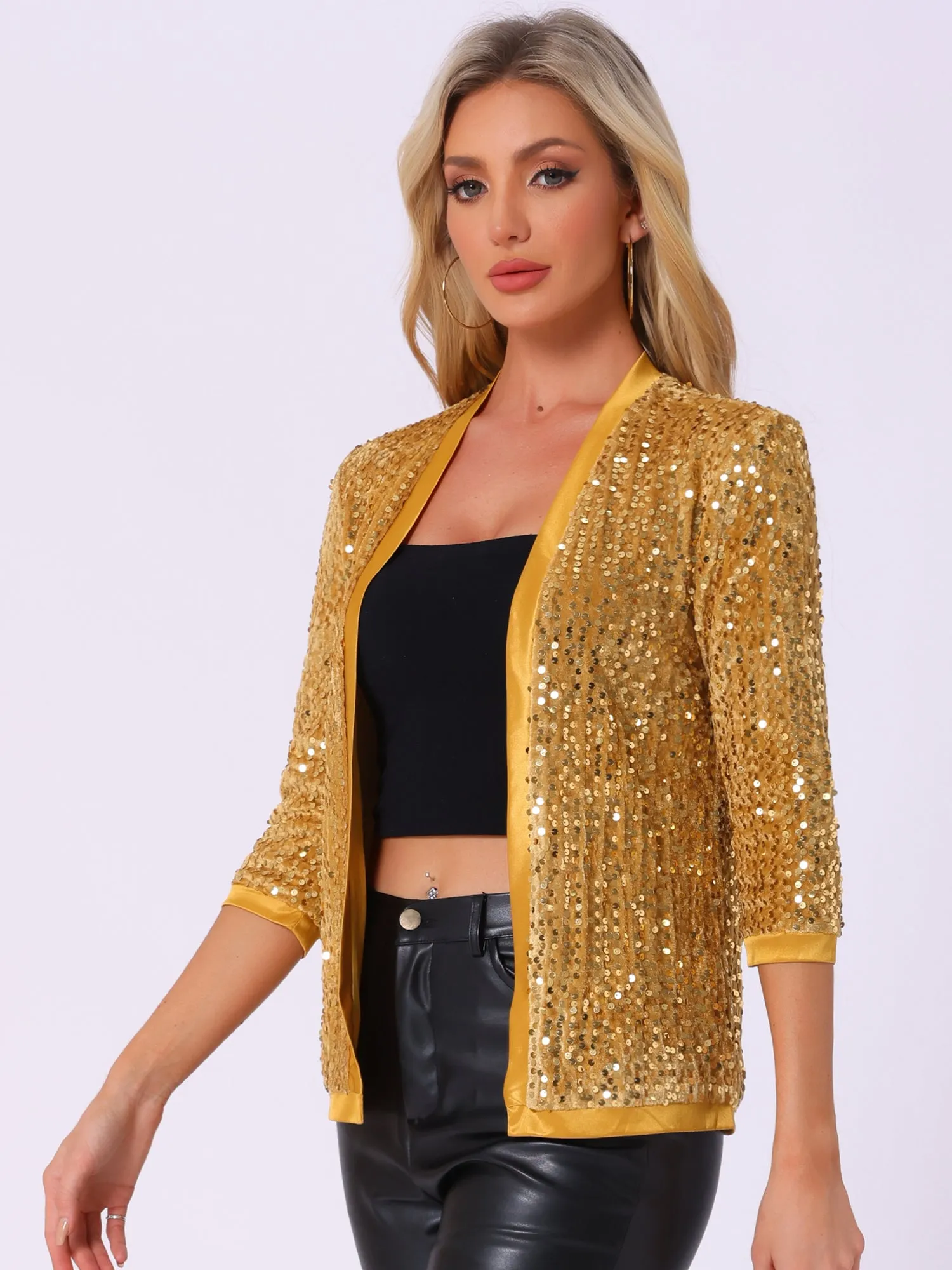 Sequin Cardigan Open Front Collarless 3/4 Sleeve Velvet Jacket