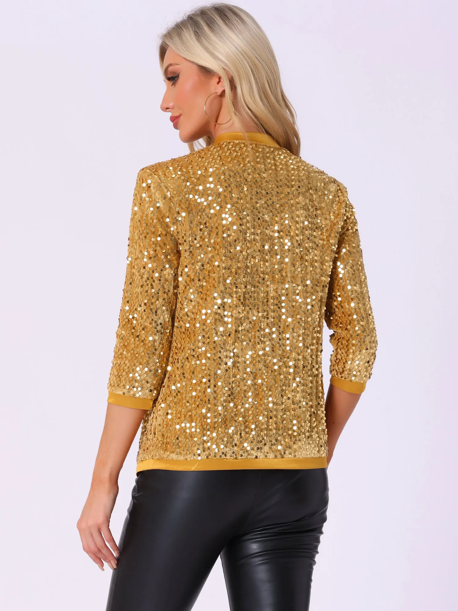 Sequin Cardigan Open Front Collarless 3/4 Sleeve Velvet Jacket