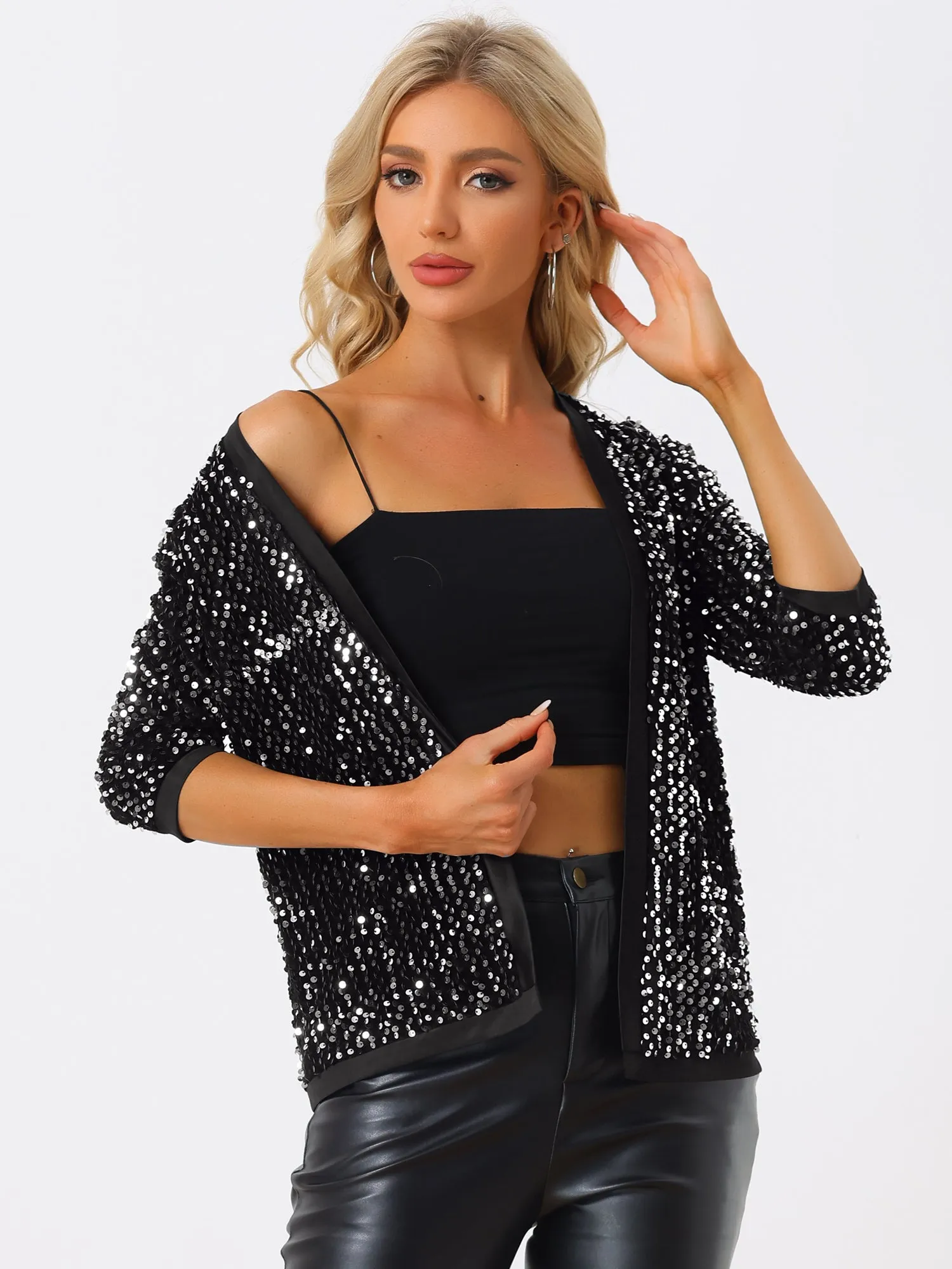Sequin Cardigan Open Front Collarless 3/4 Sleeve Velvet Jacket