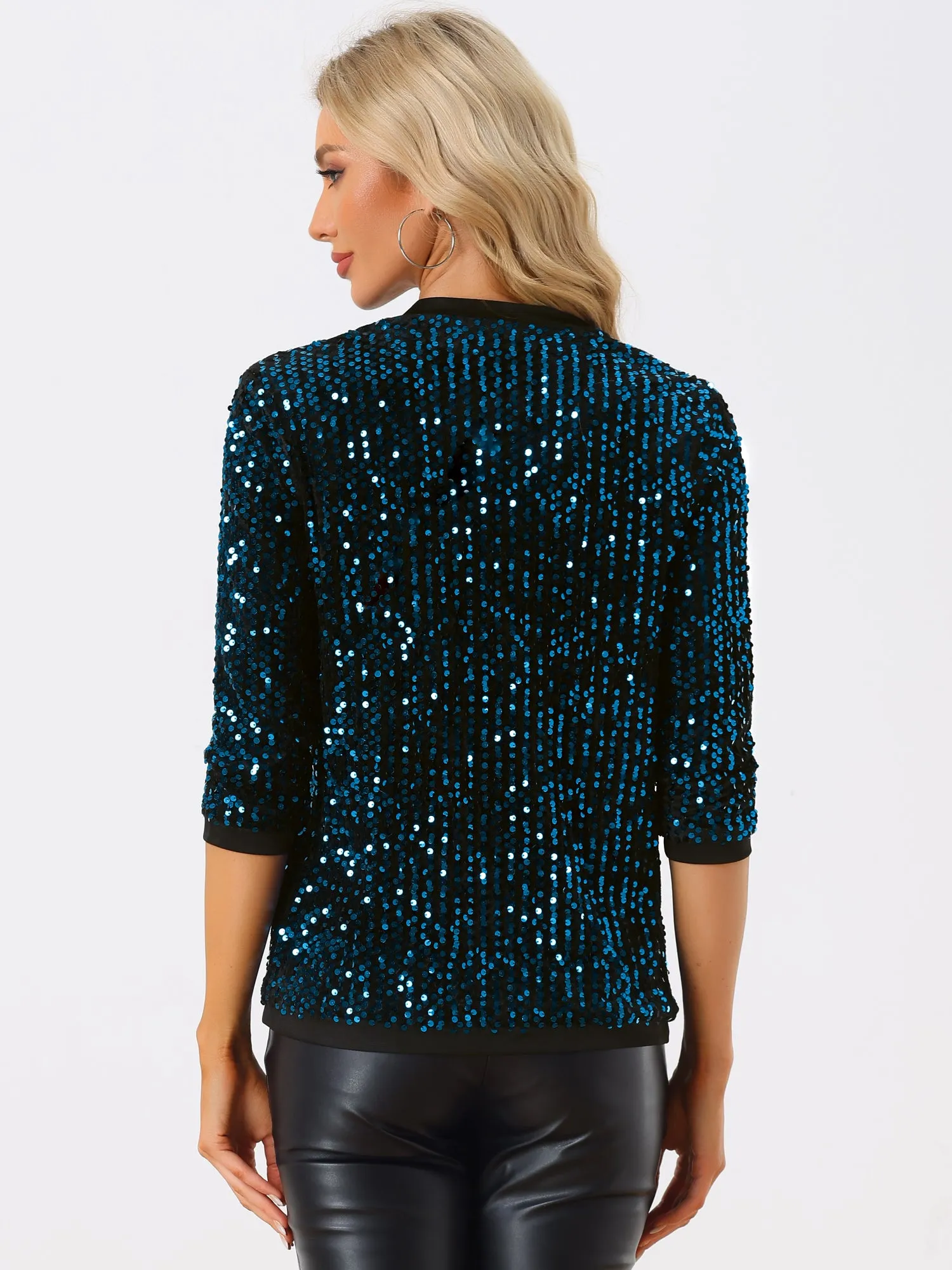 Sequin Cardigan Open Front Collarless 3/4 Sleeve Velvet Jacket