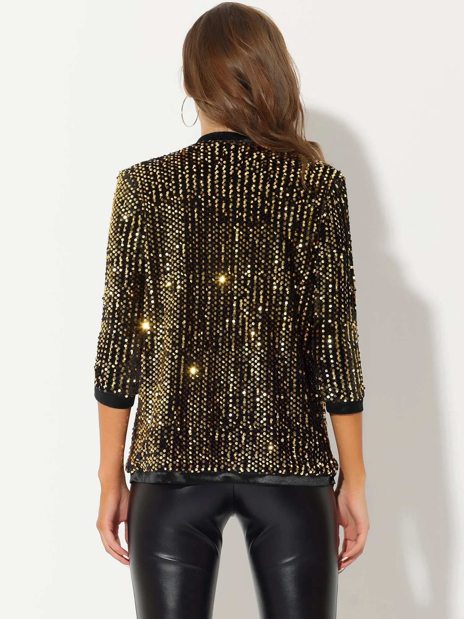 Sequin Cardigan Open Front Collarless 3/4 Sleeve Velvet Jacket