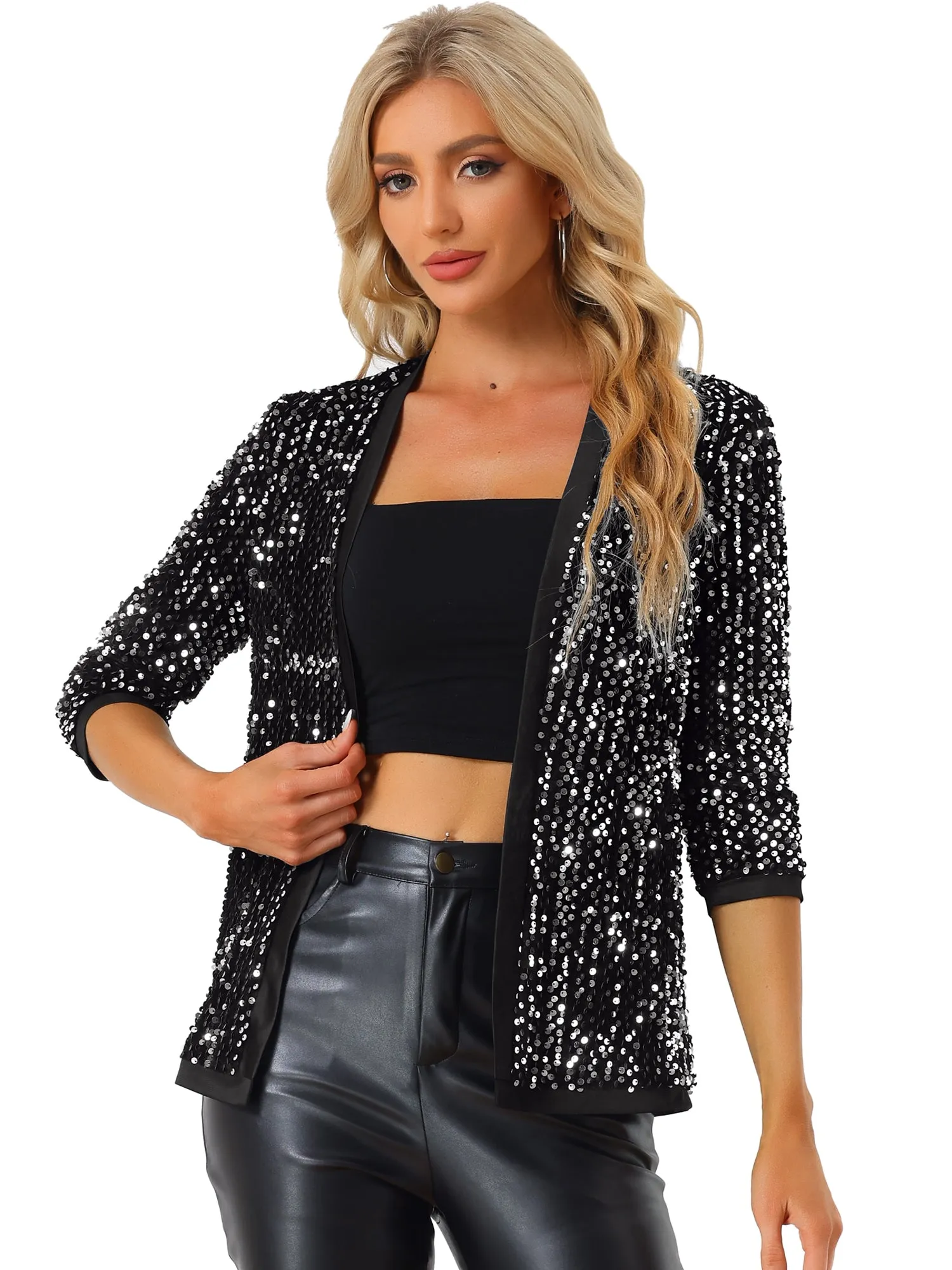 Sequin Cardigan Open Front Collarless 3/4 Sleeve Velvet Jacket