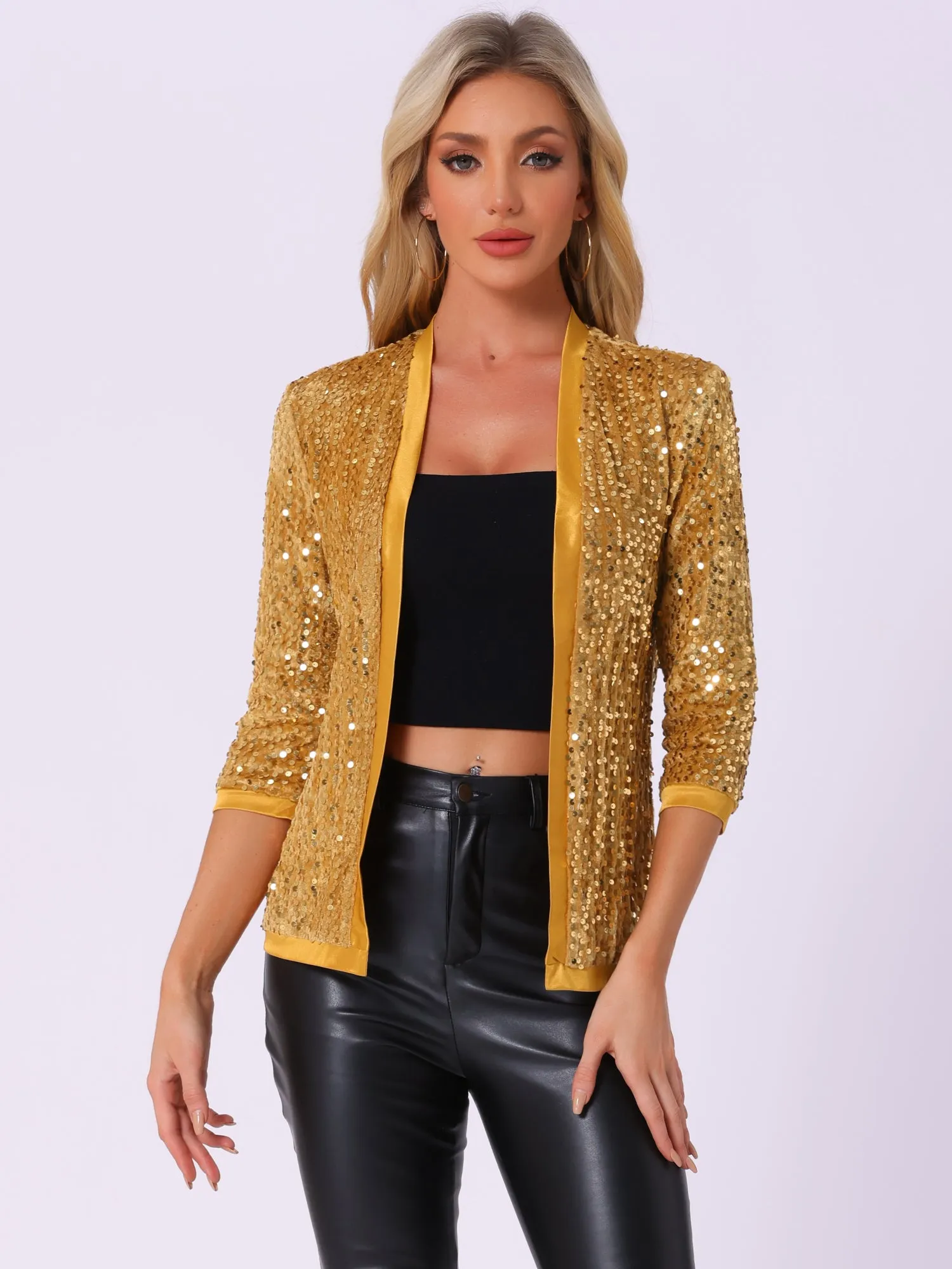 Sequin Cardigan Open Front Collarless 3/4 Sleeve Velvet Jacket