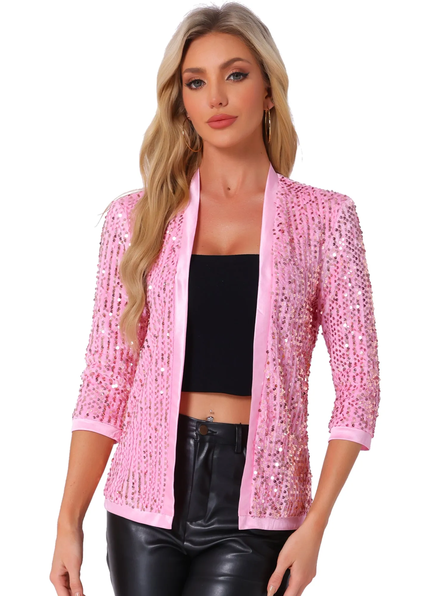 Sequin Cardigan Open Front Collarless 3/4 Sleeve Velvet Jacket