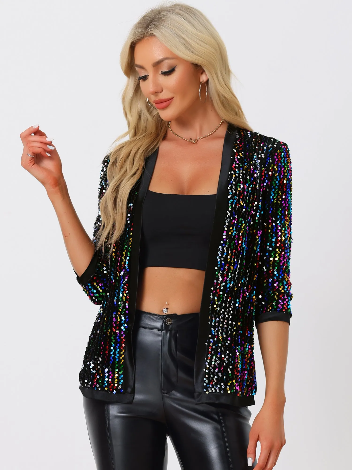 Sequin Cardigan Open Front Collarless 3/4 Sleeve Velvet Jacket