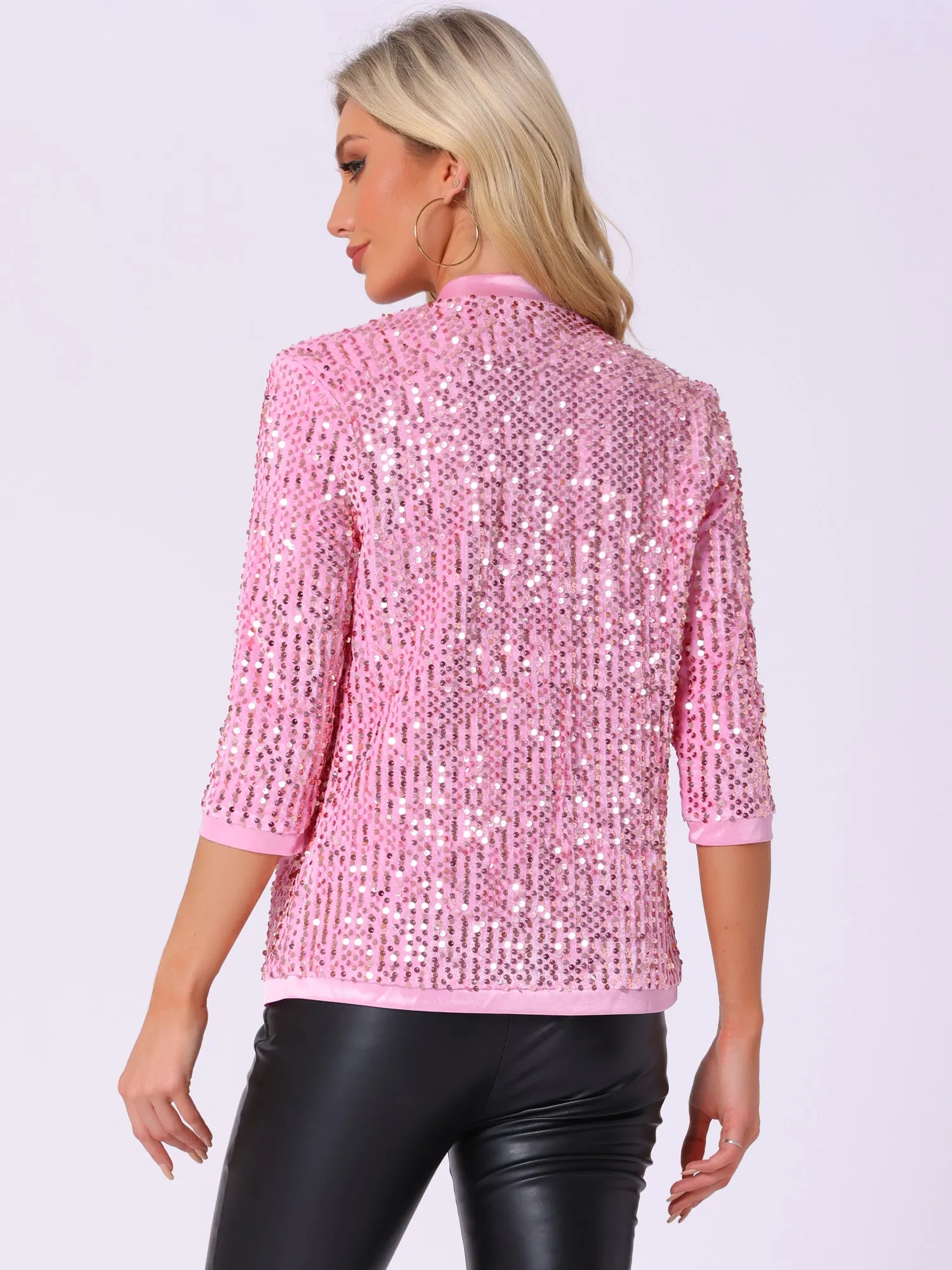 Sequin Cardigan Open Front Collarless 3/4 Sleeve Velvet Jacket