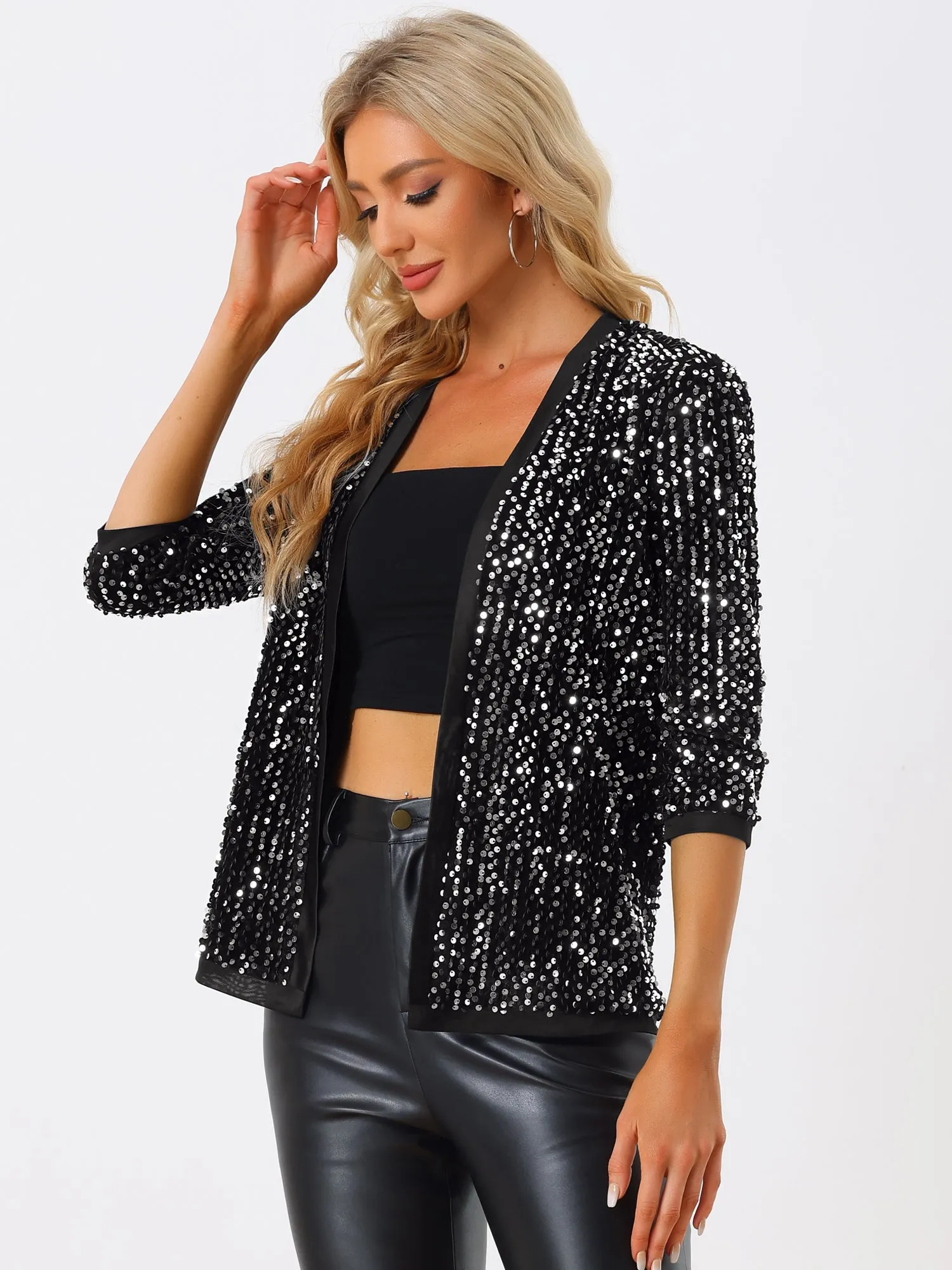 Sequin Cardigan Open Front Collarless 3/4 Sleeve Velvet Jacket