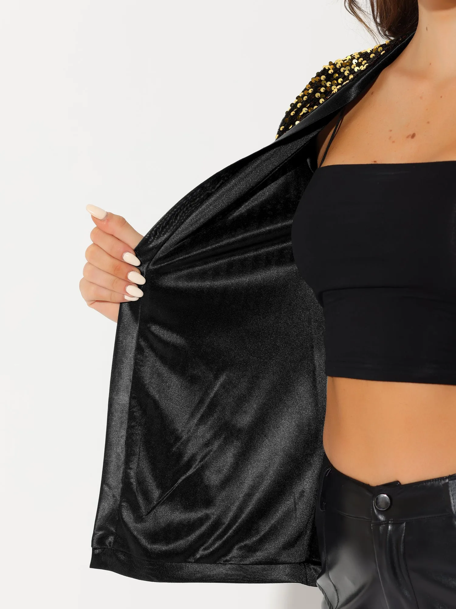 Sequin Cardigan Open Front Collarless 3/4 Sleeve Velvet Jacket