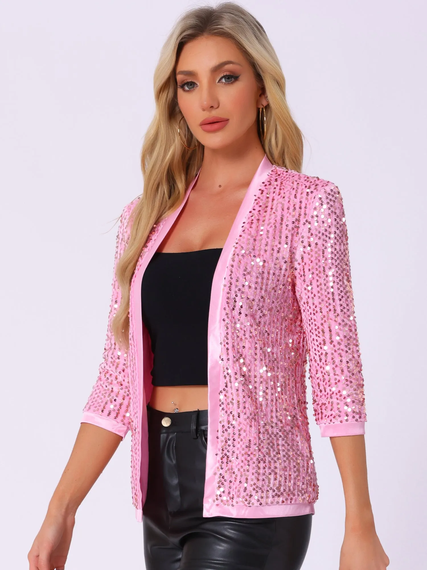 Sequin Cardigan Open Front Collarless 3/4 Sleeve Velvet Jacket
