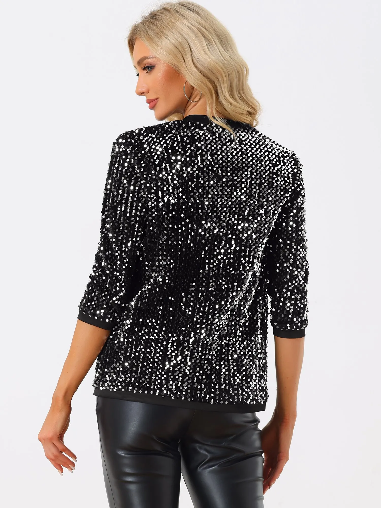 Sequin Cardigan Open Front Collarless 3/4 Sleeve Velvet Jacket