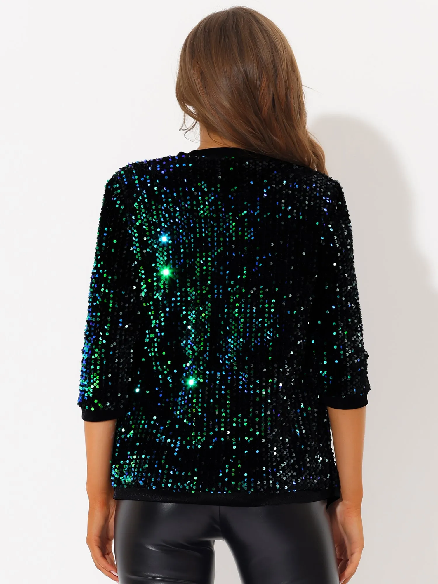 Sequin Cardigan Open Front Collarless 3/4 Sleeve Velvet Jacket