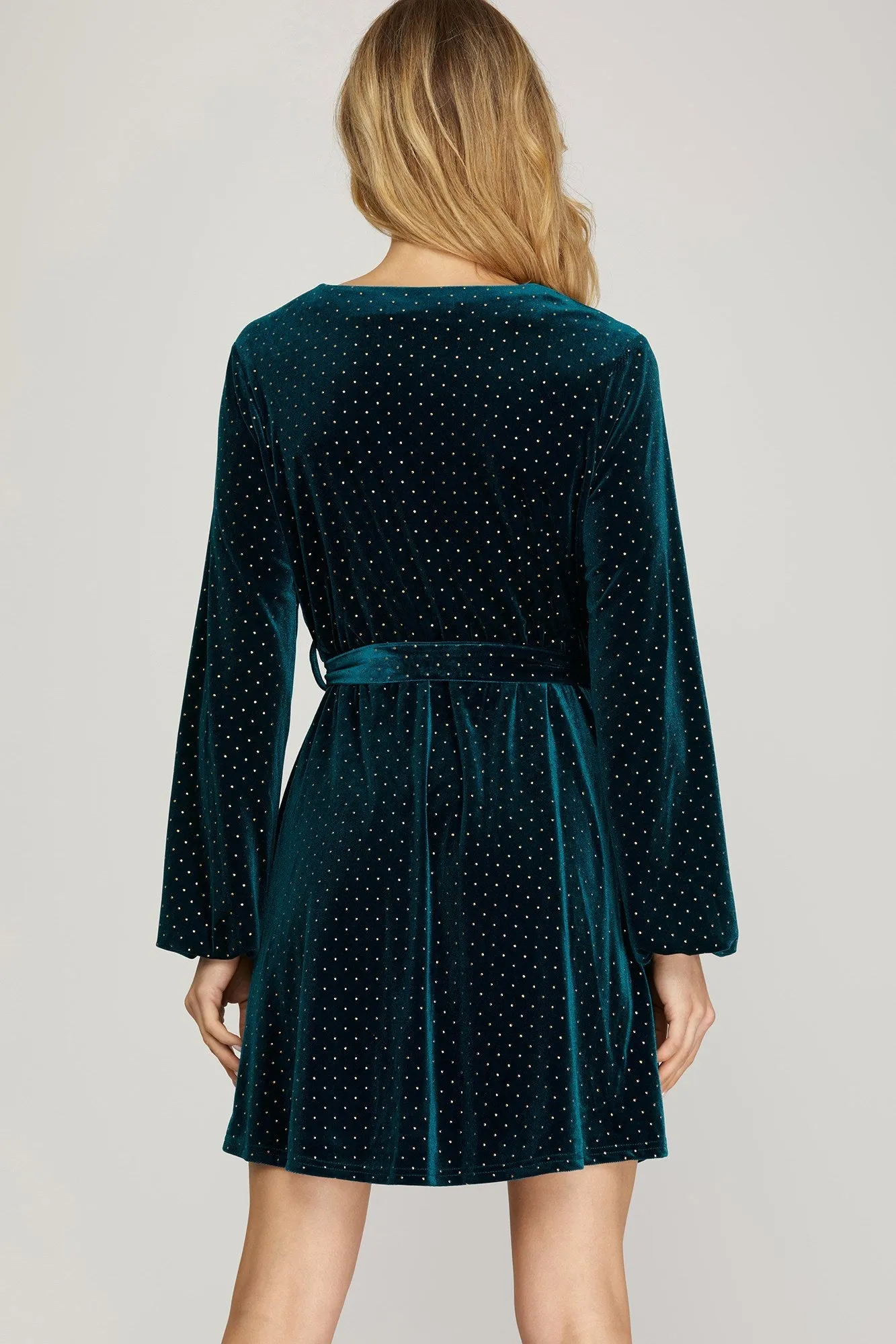 She And Sky Surplice Dress With Gold-Dot Detail In Teal Green Velvet