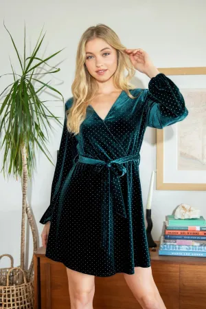 She And Sky Surplice Dress With Gold-Dot Detail In Teal Green Velvet