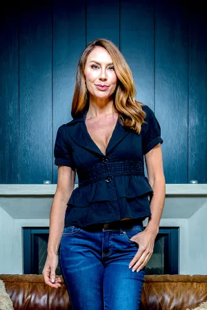 Short Sleeve Spread Collar Double Button Blazer with Ruffle Peplum in Black (30934)