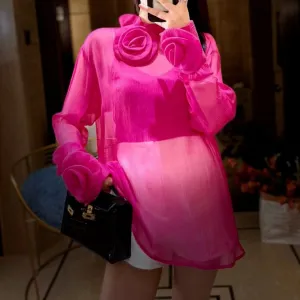 Solid Patchwork Flowers Sexy Blouses For Women Stand Collar Long Sleeves Spliced Ruffle Elegant Blouse Female