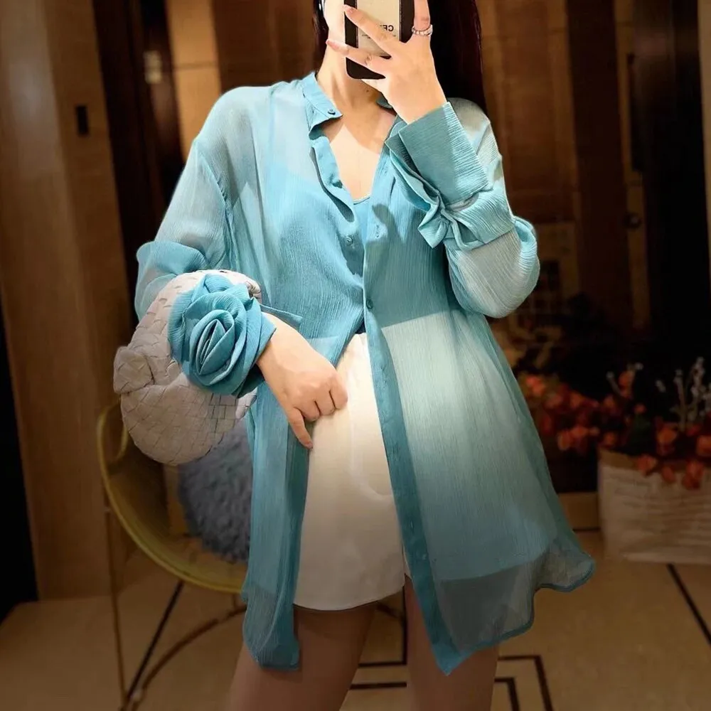 Solid Patchwork Flowers Sexy Blouses For Women Stand Collar Long Sleeves Spliced Ruffle Elegant Blouse Female