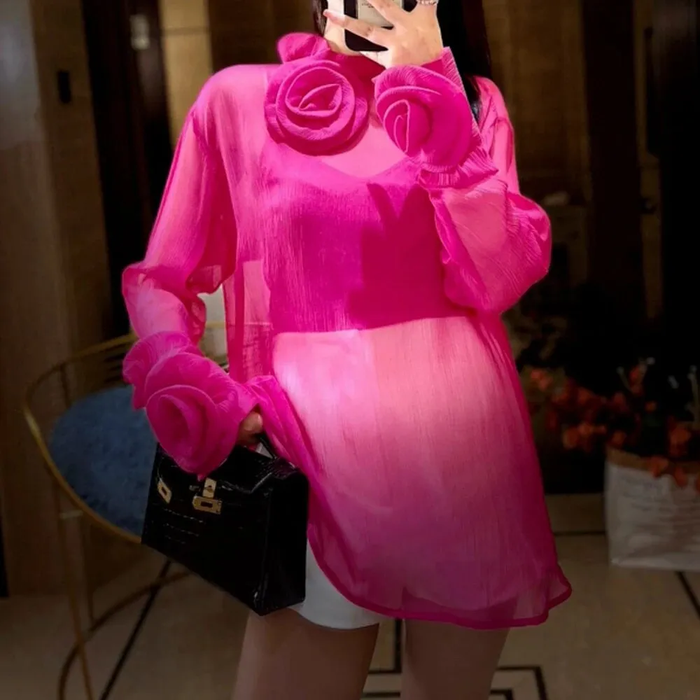 Solid Patchwork Flowers Sexy Blouses For Women Stand Collar Long Sleeves Spliced Ruffle Elegant Blouse Female