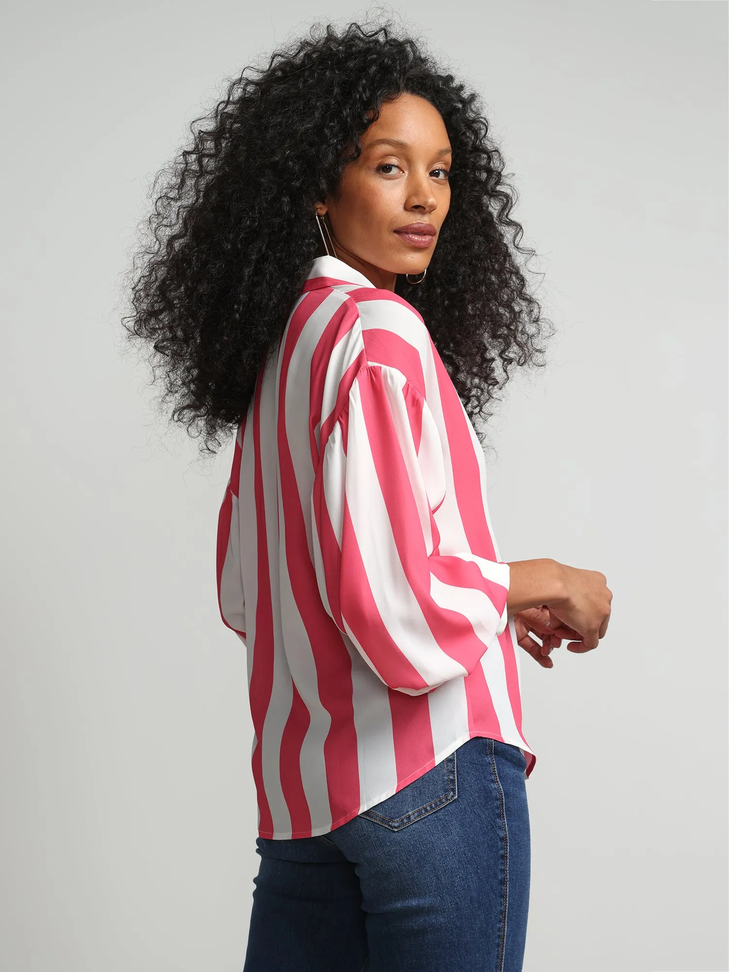 Striped Button-Front Satin Effect Blouse