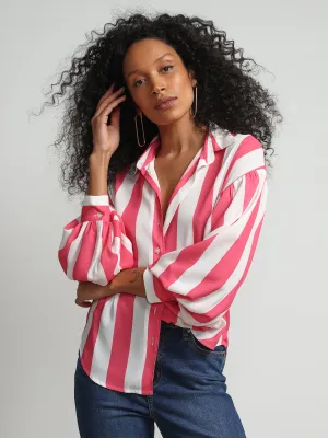 Striped Button-Front Satin Effect Blouse