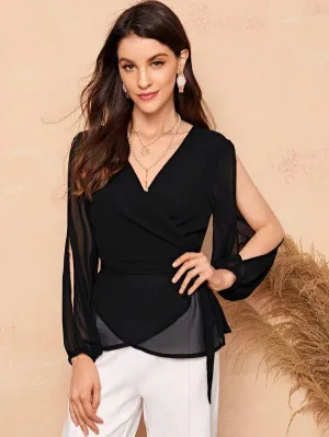 Surplice Neck Split Sleeve Chiffon Blouse