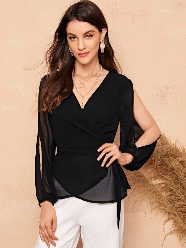 Surplice Neck Split Sleeve Chiffon Blouse