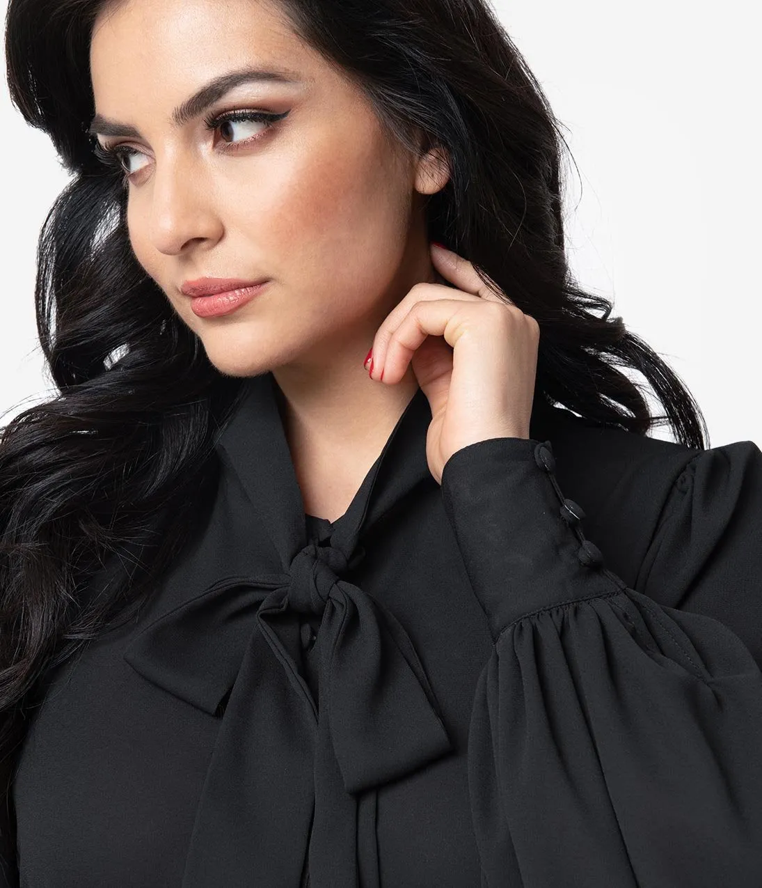 Unique Vintage Black Crepe Neck Tie Gwen Blouse