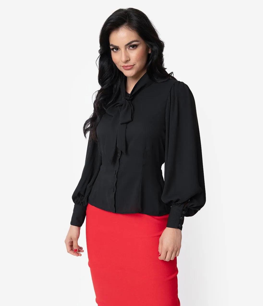 Unique Vintage Black Crepe Neck Tie Gwen Blouse