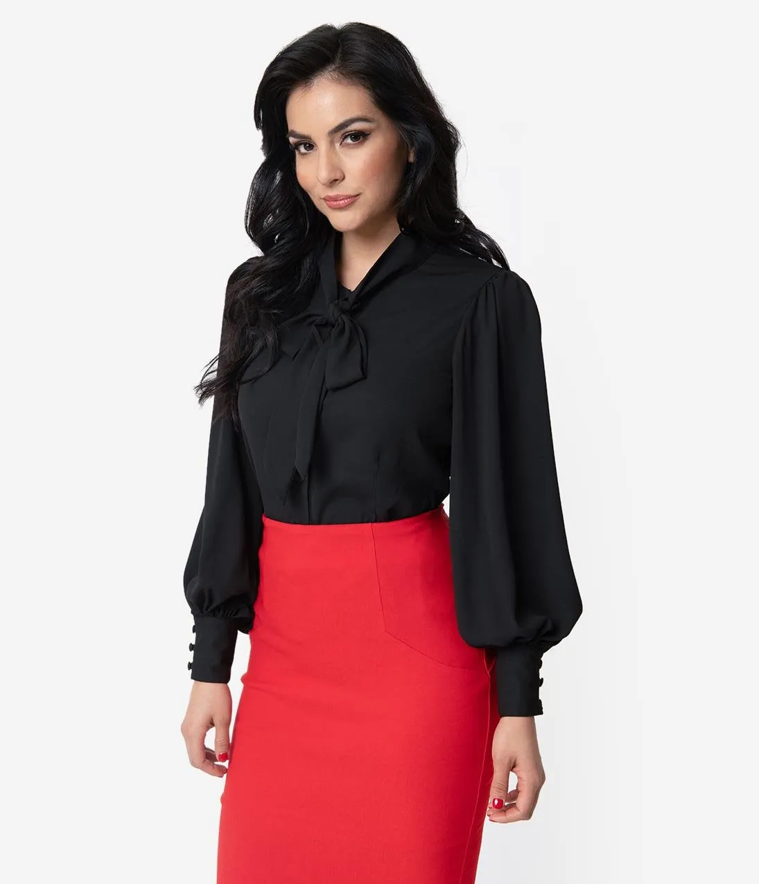 Unique Vintage Black Crepe Neck Tie Gwen Blouse