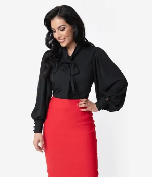 Unique Vintage Black Crepe Neck Tie Gwen Blouse
