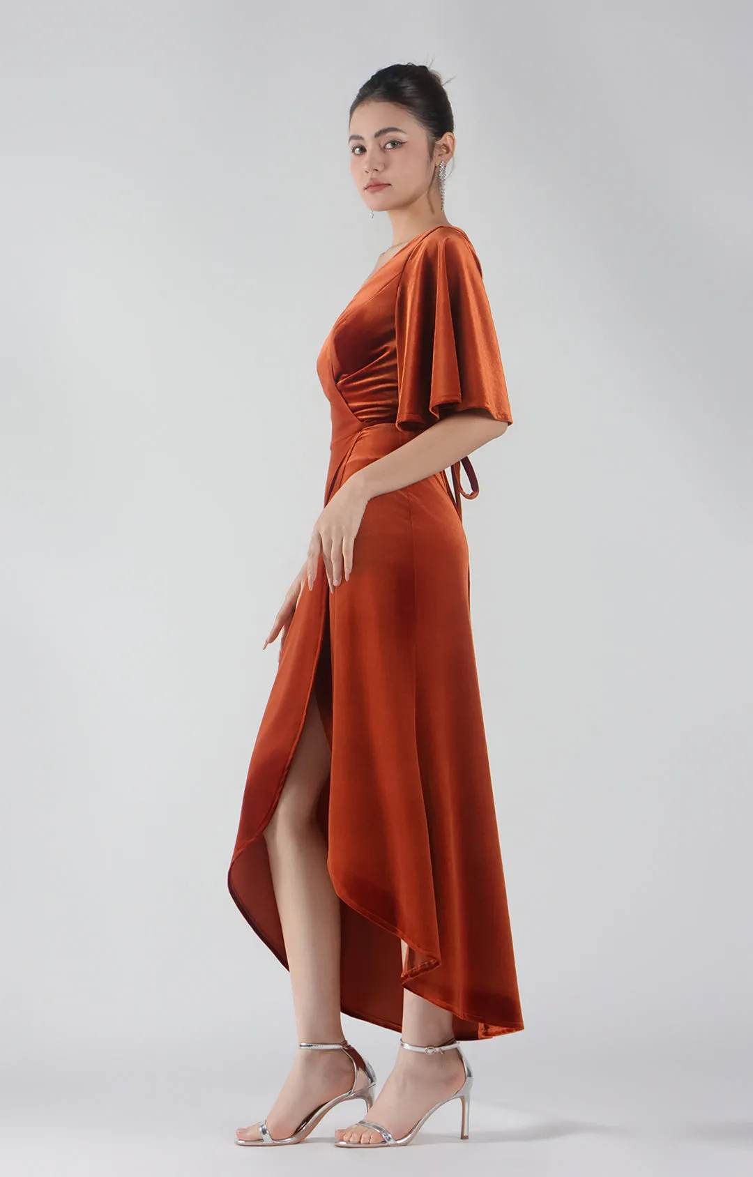 Velvet Flutter Half Sleeve V-Neck Wrap Dresses