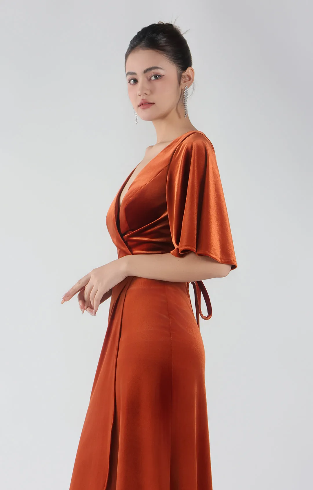Velvet Flutter Half Sleeve V-Neck Wrap Dresses