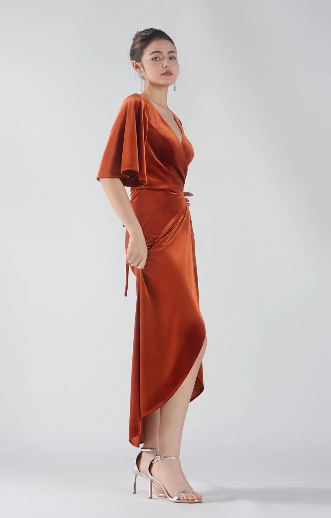 Velvet Flutter Half Sleeve V-Neck Wrap Dresses