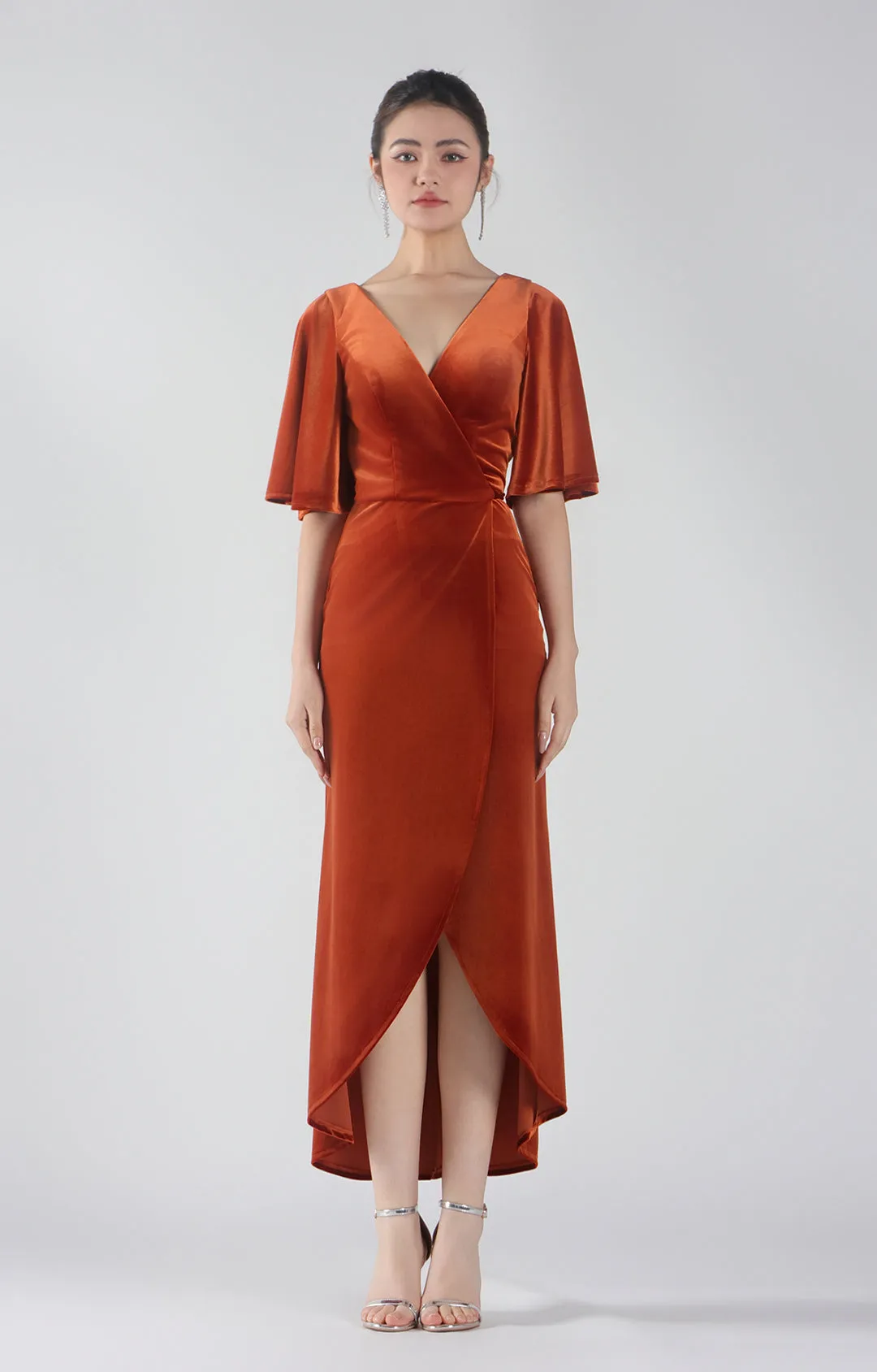 Velvet Flutter Half Sleeve V-Neck Wrap Dresses