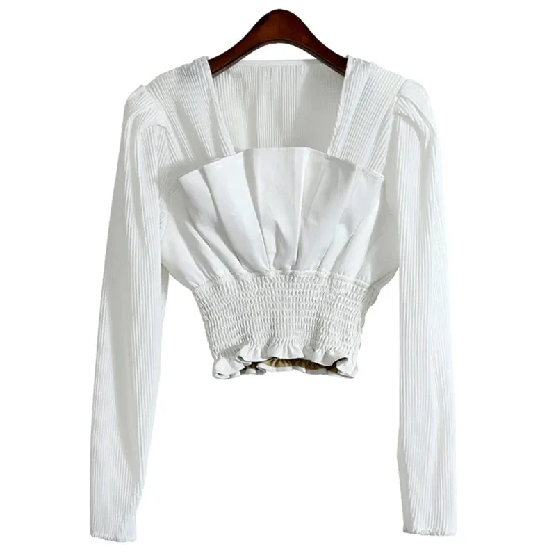 White Elegant Fold Pleated Slim Shirts Female Square Collar Long Sleeve Korean Fashion Blouses Spring Clothing
