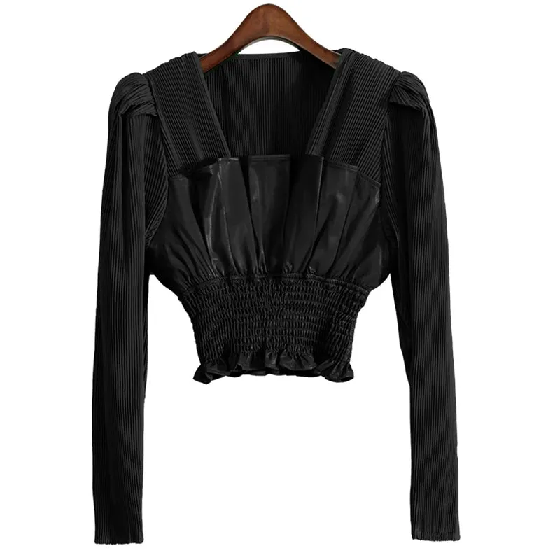 White Elegant Fold Pleated Slim Shirts Female Square Collar Long Sleeve Korean Fashion Blouses Spring Clothing