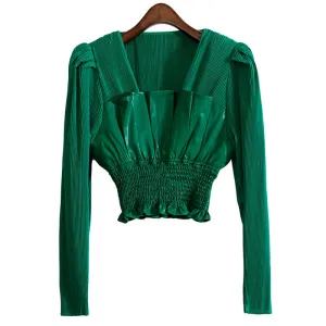 White Elegant Fold Pleated Slim Shirts Female Square Collar Long Sleeve Korean Fashion Blouses Spring Clothing