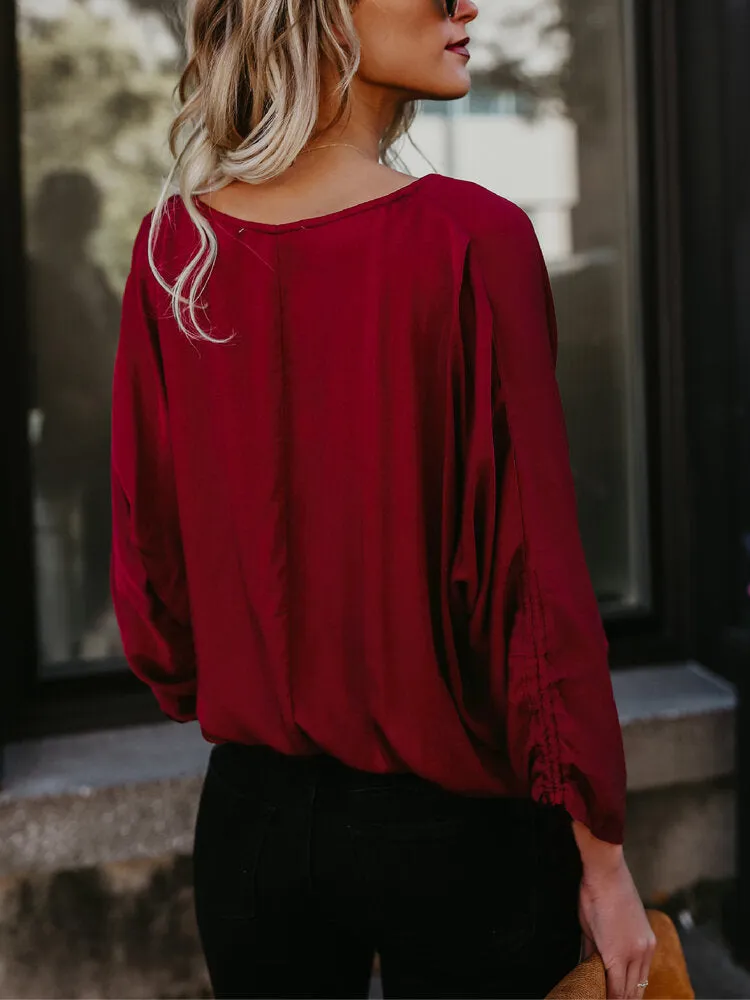 Women Elegant Solid Color V-neck Bat Sleeve Casual Blouse