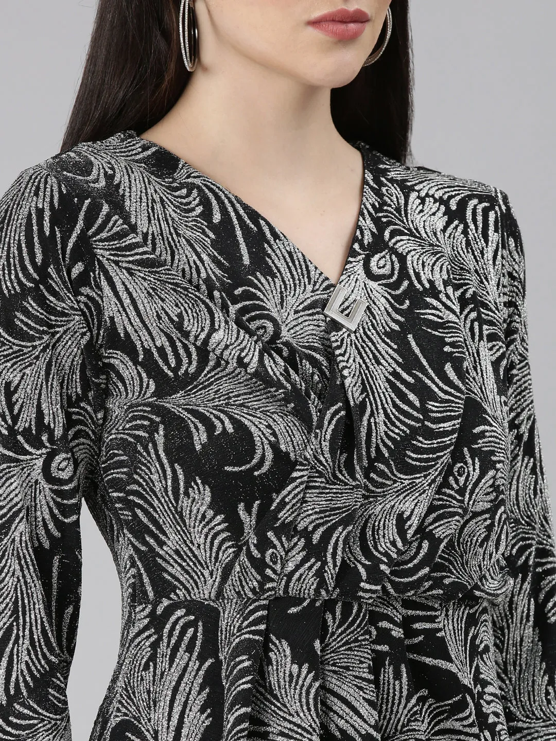 Women Silver Floral Printed Velvet Wrap Dress