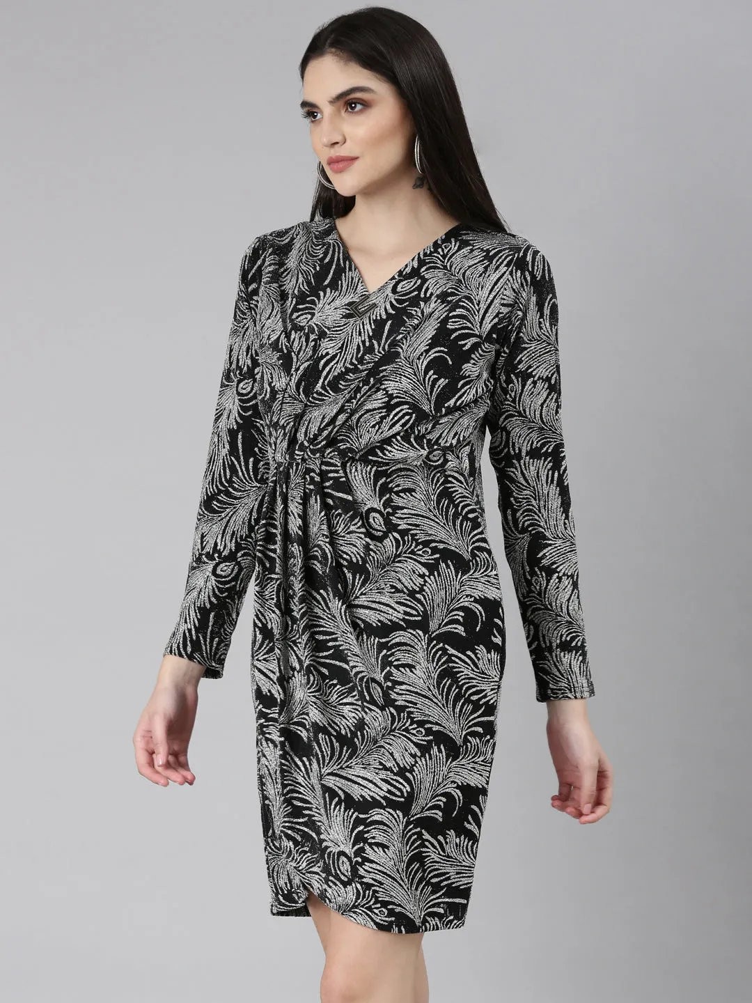 Women Silver Floral Printed Velvet Wrap Dress